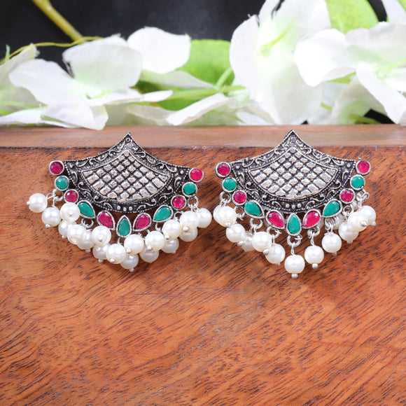 Multicolored Stone Studded Lotus Petal Shaped Oxidised Earrings With Hanging Line Of Pearl