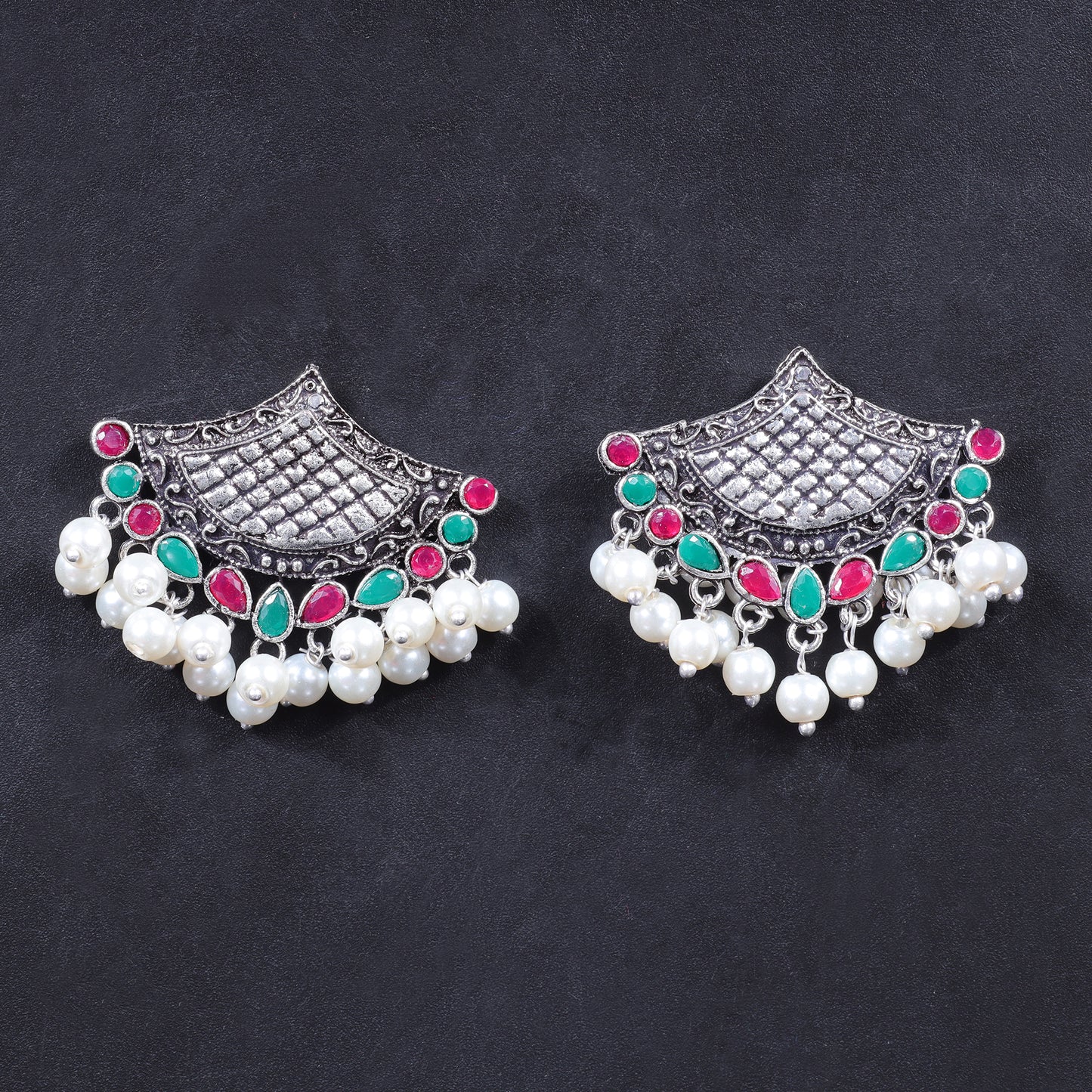 Multicolored Stone Studded Lotus Petal Shaped Oxidised Earrings With Hanging Line Of Pearl