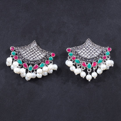 Multicolored Stone Studded Lotus Petal Shaped Oxidised Earrings With Hanging Line Of Pearl