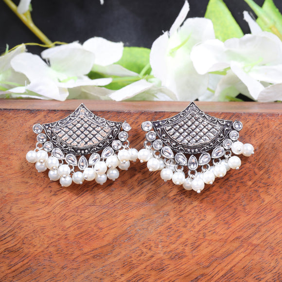 White Stone Studded Lotus Petal Shaped Oxidised Earrings With Hanging Line Of Pearl