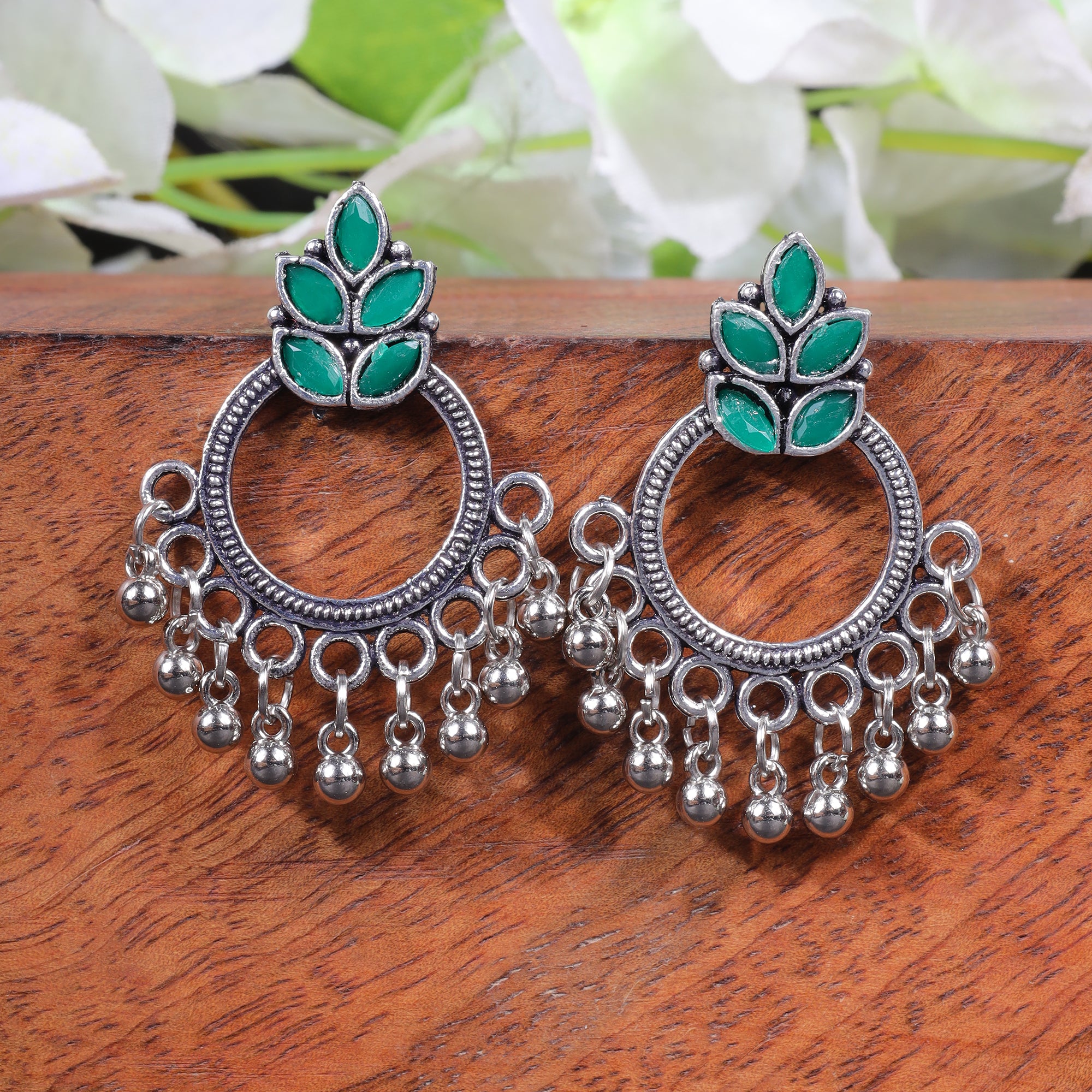 Green Stone studded Intricate Oxidised Earrings StylishKudi