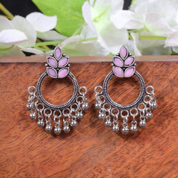 Baby Pink Stone Studded Intricate Oxidised Earrings
