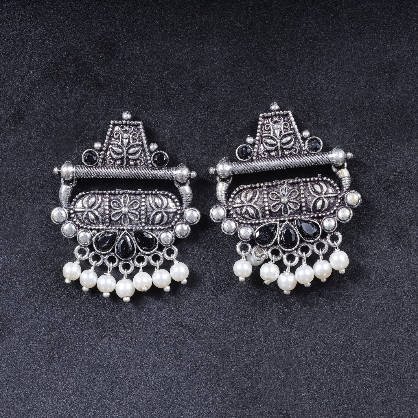 Black Stone Studded Oxidised Earrings With Hanging Pearl