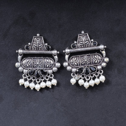 Black Stone Studded Oxidised Earrings With Hanging Pearl