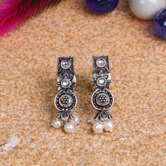 White Stone Studded Beautiful Oxidised Studs With Hanging Pearl