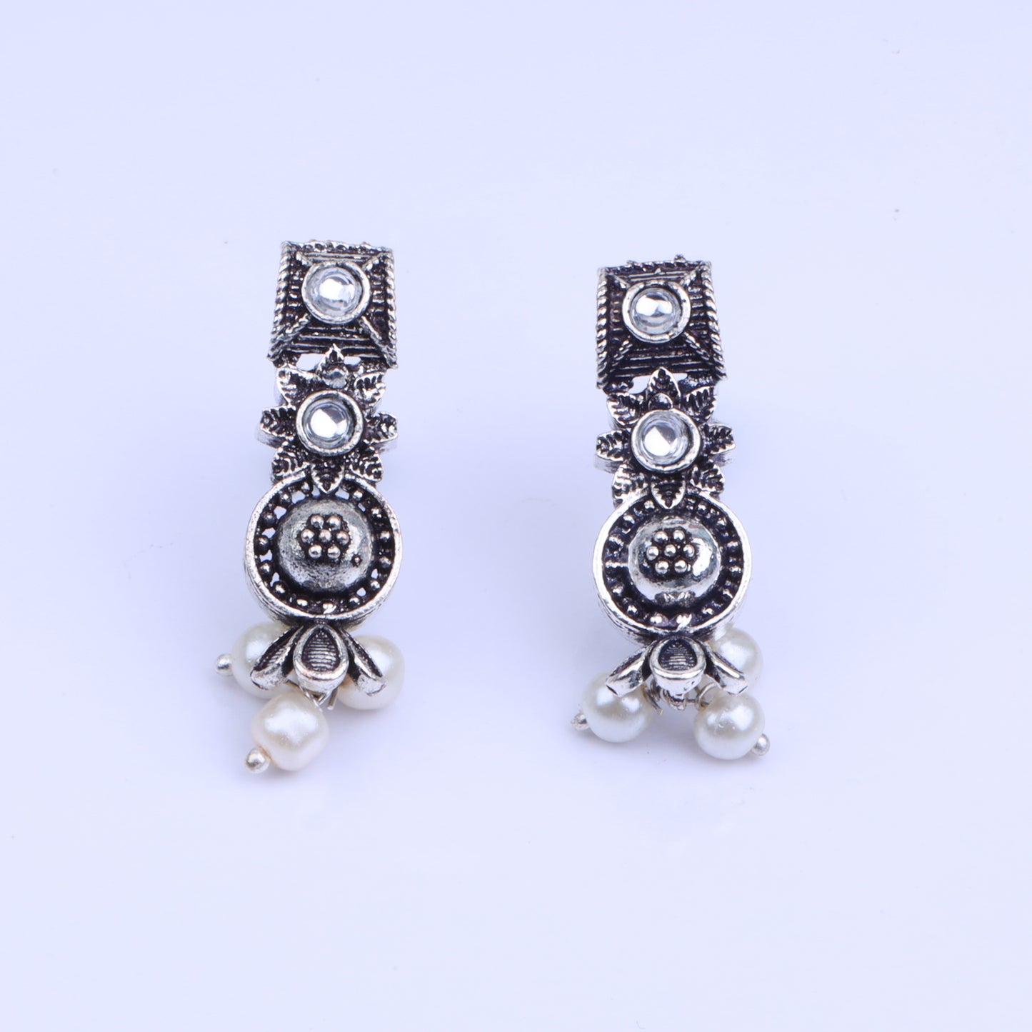 White Stone Studded Beautiful Oxidised Studs With Hanging Pearl