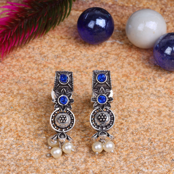 Blue Stone Studded Beautiful Oxidised Studs With Hanging Pearl