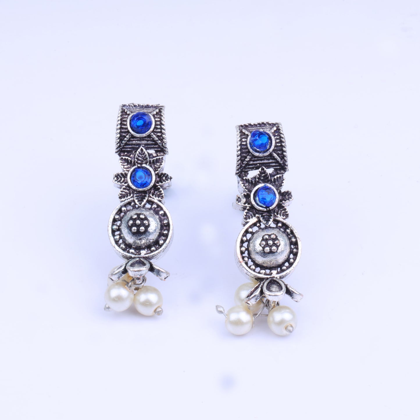Blue Stone Studded Beautiful Oxidised Studs With Hanging Pearl