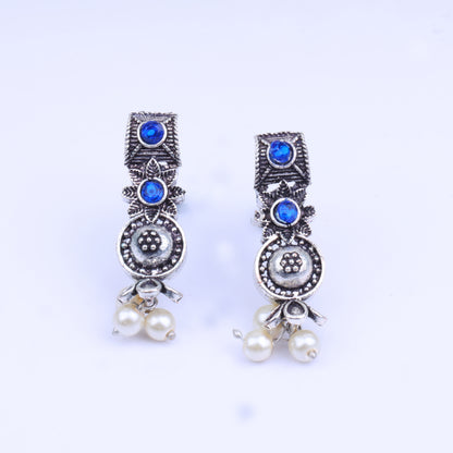 Blue Stone Studded Beautiful Oxidised Studs With Hanging Pearl