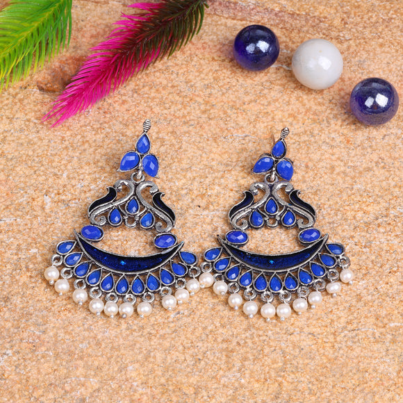 Blue Stone Studded Enamelled Oxidised Earrings