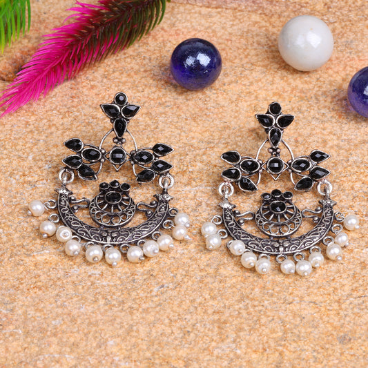 Black Stone Studded Beautiful Oxidised Danglers With Hanging Baby Pearls