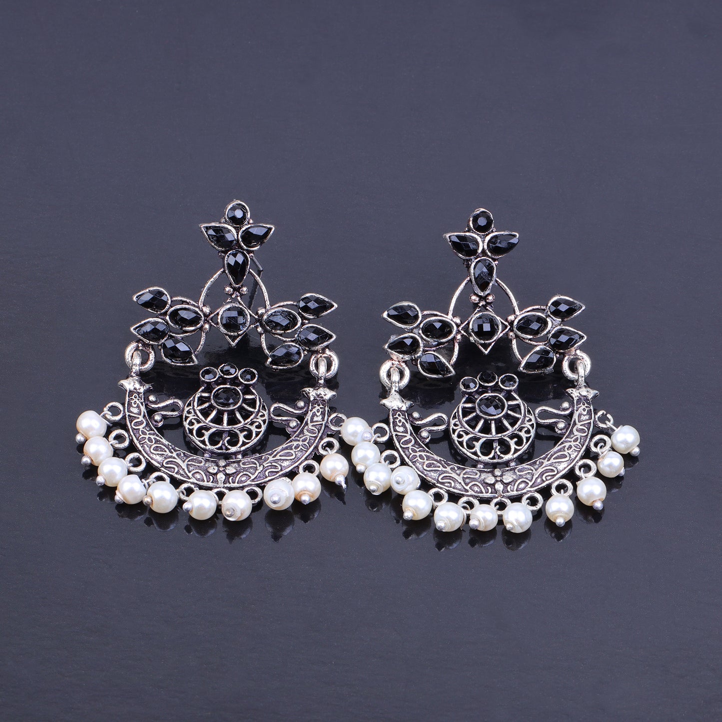 Black Stone Studded Beautiful Oxidised Danglers With Hanging Baby Pearls