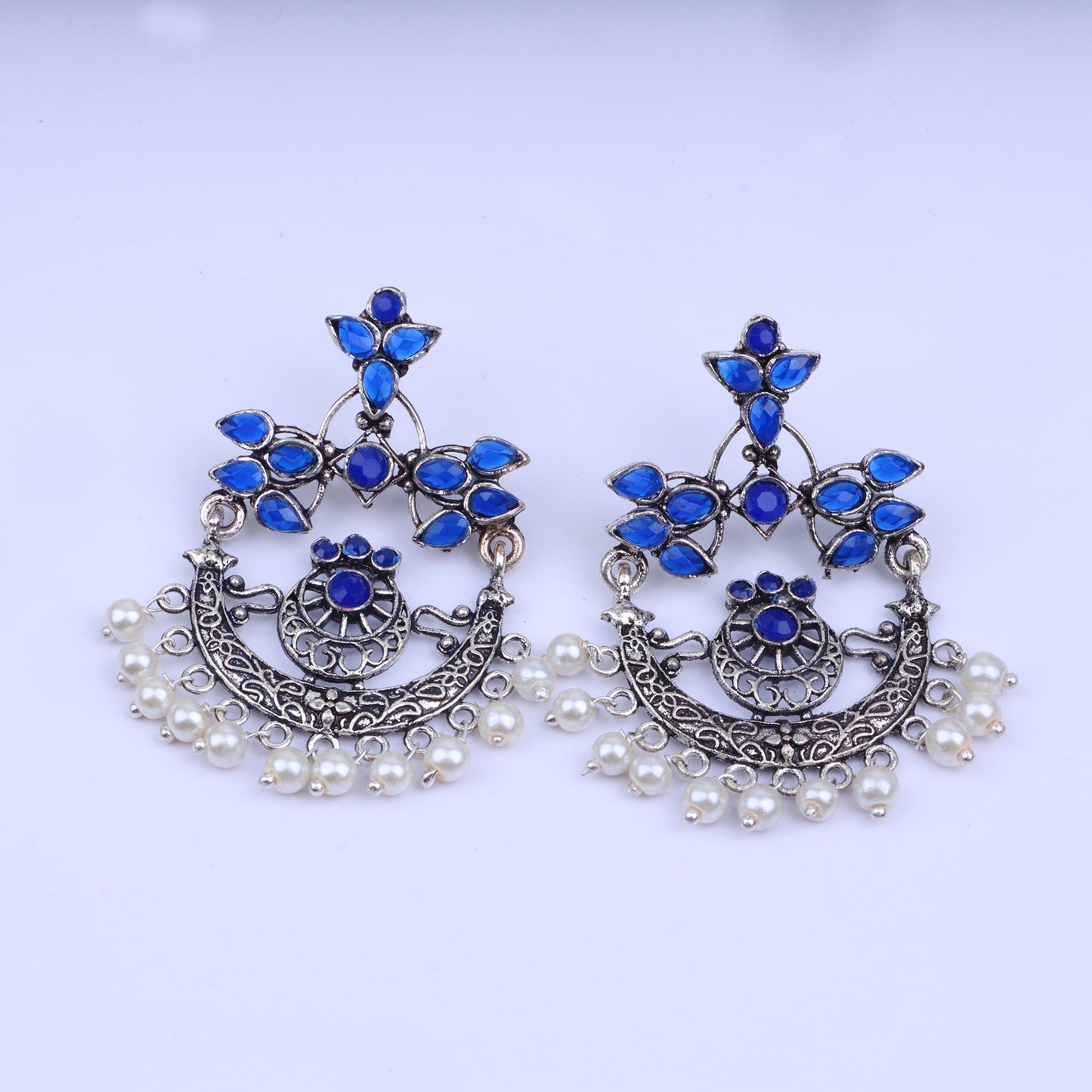 Blue Stone Studded Beautiful Oxidised Danglers With Hanging Baby Pearls