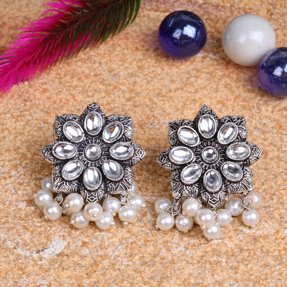 White Stone Studded Oxidised Earrings With Hanging Pearls