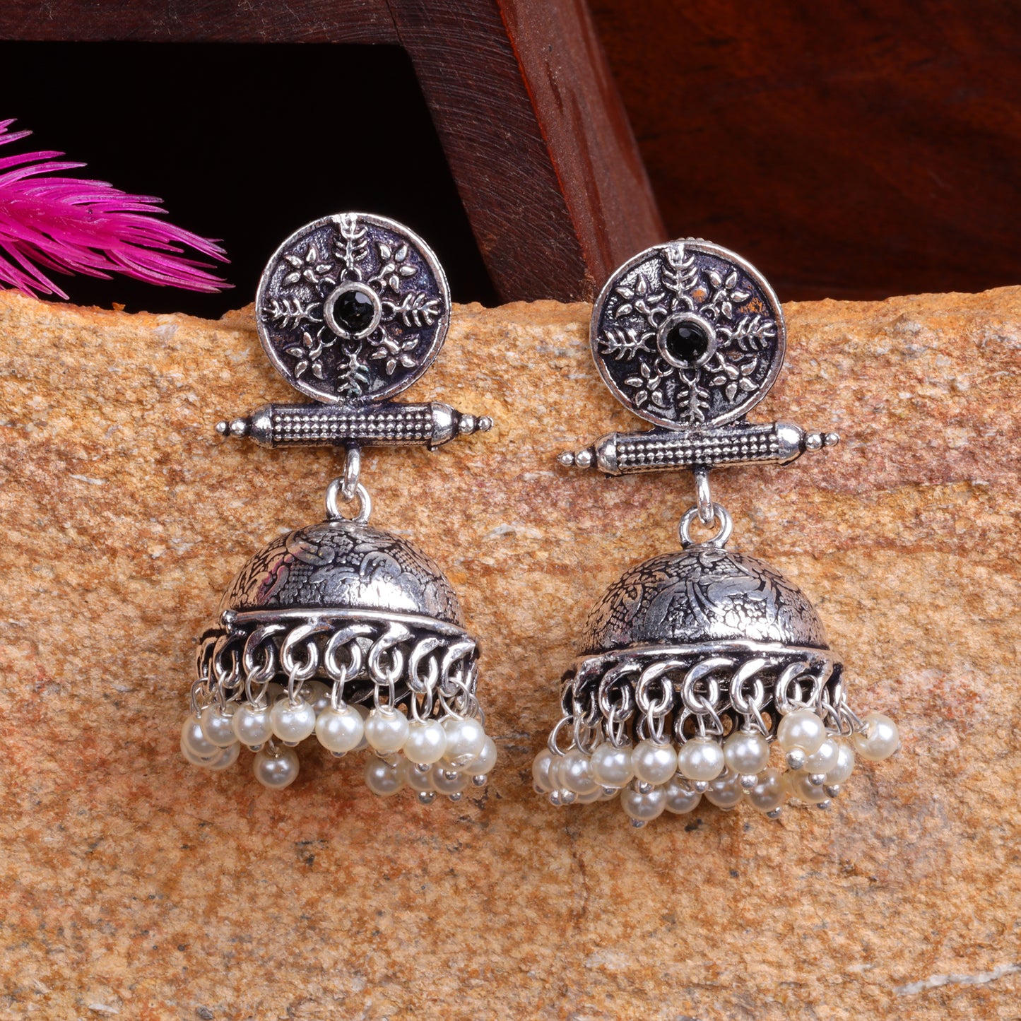 Black Stone Studded Oxidised Earrings With Hanging Pearls