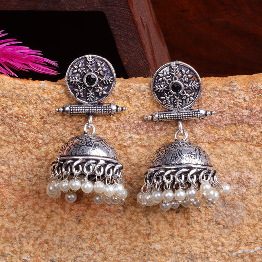 Black Stone Studded Oxidised Earrings With Hanging Pearls