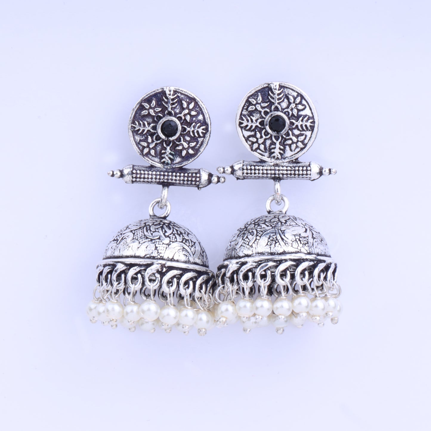 Black Stone Studded Oxidised Earrings With Hanging Pearls