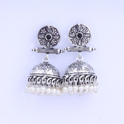Black Stone Studded Oxidised Earrings With Hanging Pearls