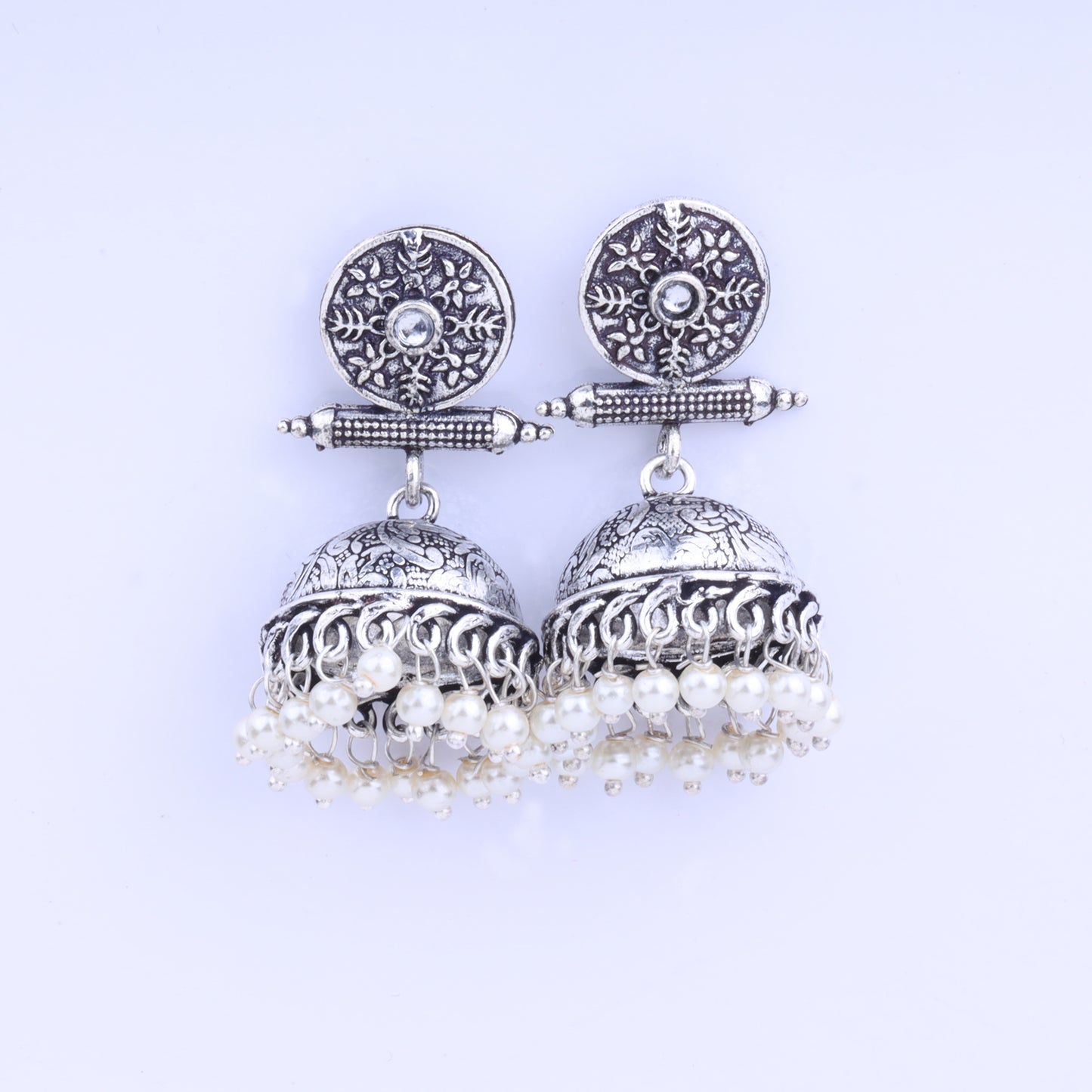 White Stone Studded Oxidised Earrings With Hanging Pearls