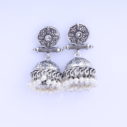 White Stone Studded Oxidised Earrings With Hanging Pearls