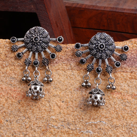 Black Stone Studded Semicircular Oxidised Earrings With Hanging Jhumki