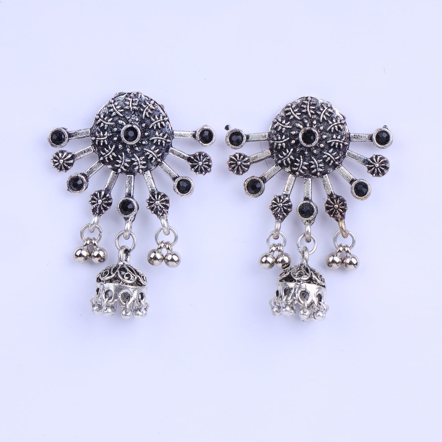Black Stone Studded Semicircular Oxidised Earrings With Hanging Jhumki