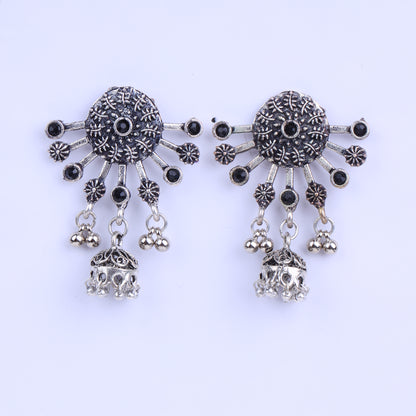 Black Stone Studded Semicircular Oxidised Earrings With Hanging Jhumki