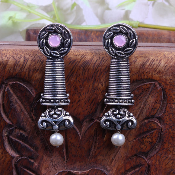 Baby Pink Stone Studded Delicate Oxidised Earrings With Hanging Pearl