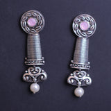 Baby Pink Stone Studded Delicate Oxidised Earrings With Hanging Pearl
