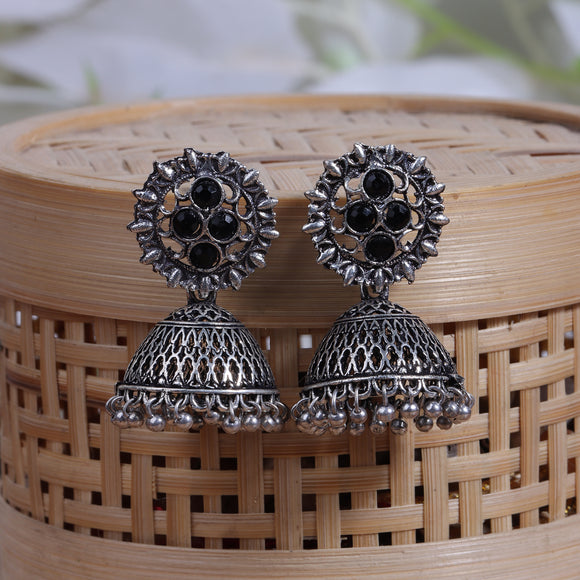 Black Stone Studded Oxidised Earrings With Hanging Jhumki