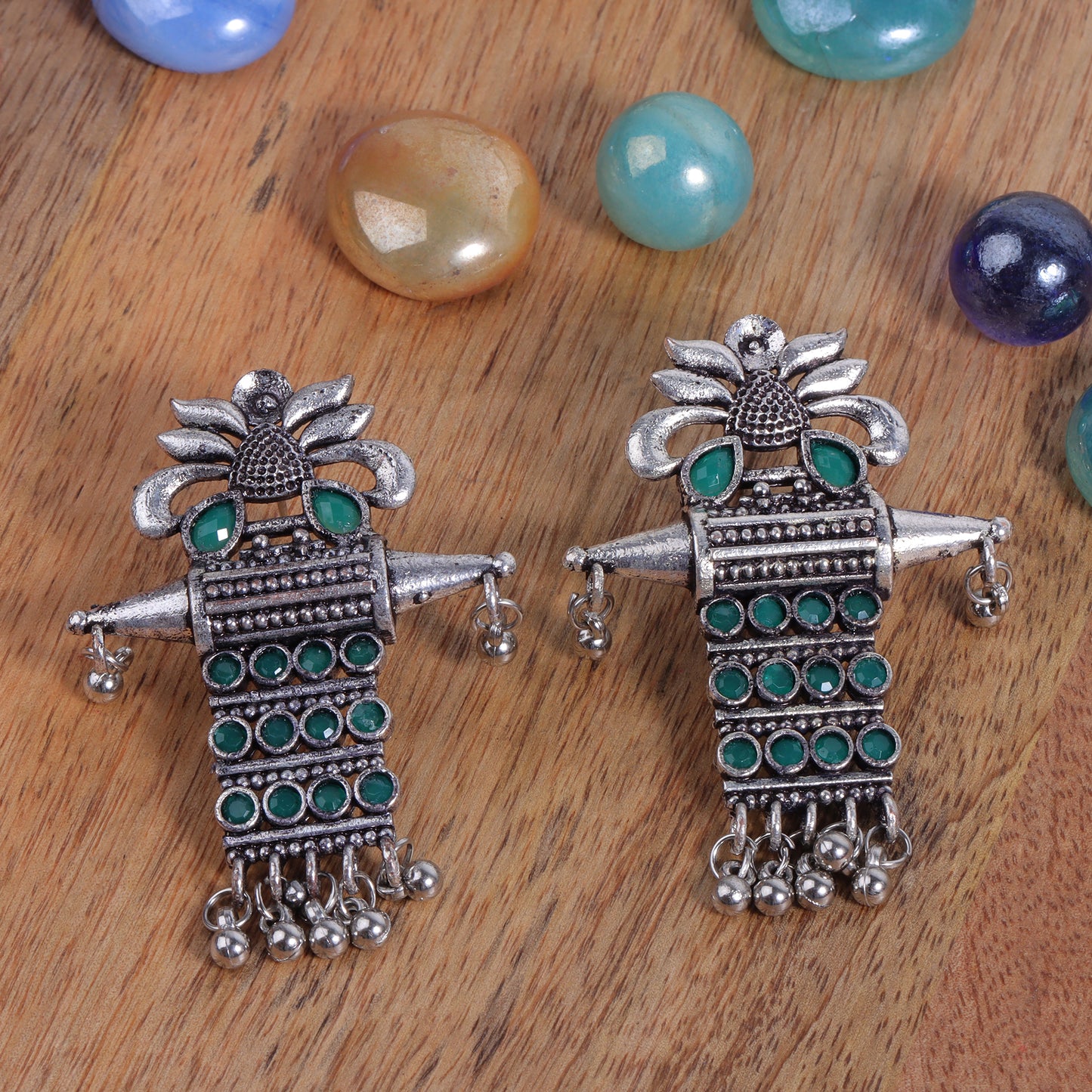 Green Stone Studded Oxidised Earrings With Hanging Ghunghuroo