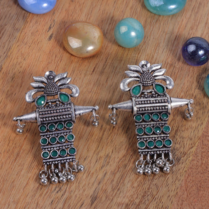 Green Stone Studded Oxidised Earrings With Hanging Ghunghuroo