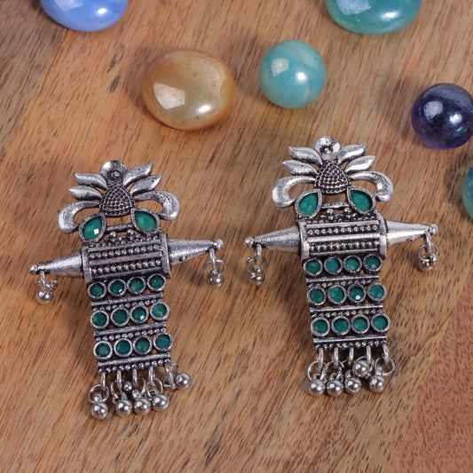 Green Stone Studded Oxidised Earrings With Hanging Ghunghuroo
