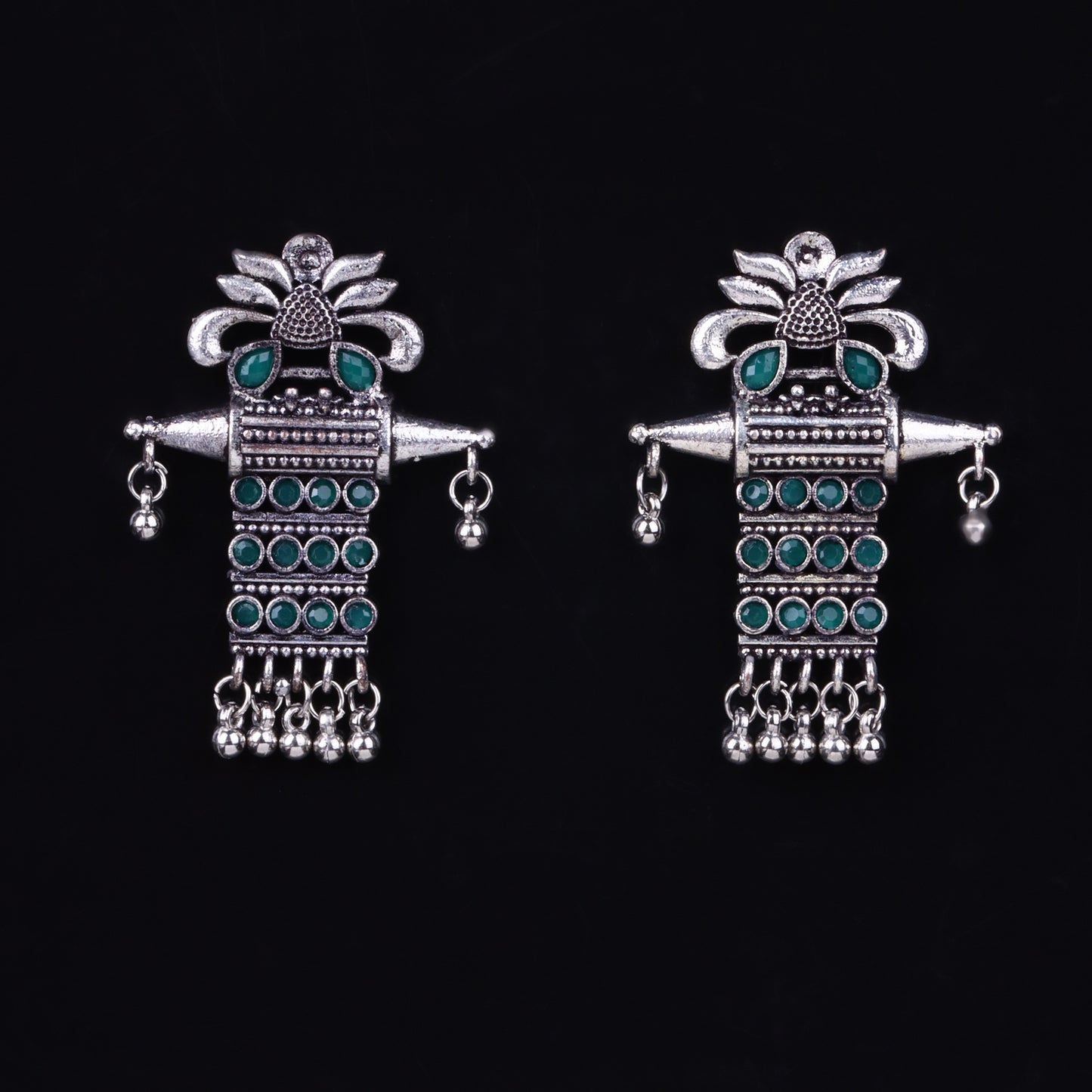 Green Stone Studded Oxidised Earrings With Hanging Ghunghuroo