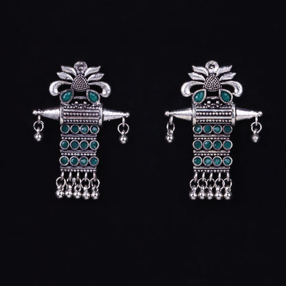 Green Stone Studded Oxidised Earrings With Hanging Ghunghuroo