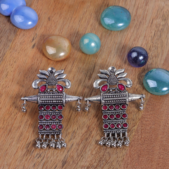 Red Stone Studded Oxidised Earrings With Hanging Ghunghuroo