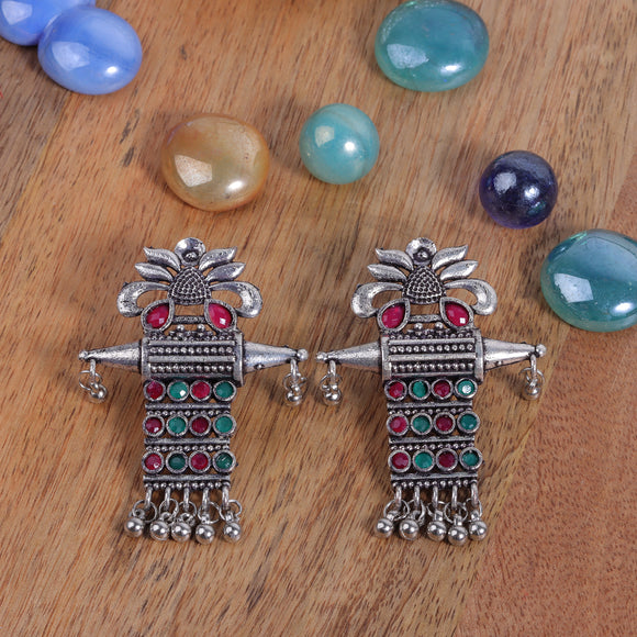 Multicolored Stone Studded Oxidised Earrings With Hanging Ghunghuroo