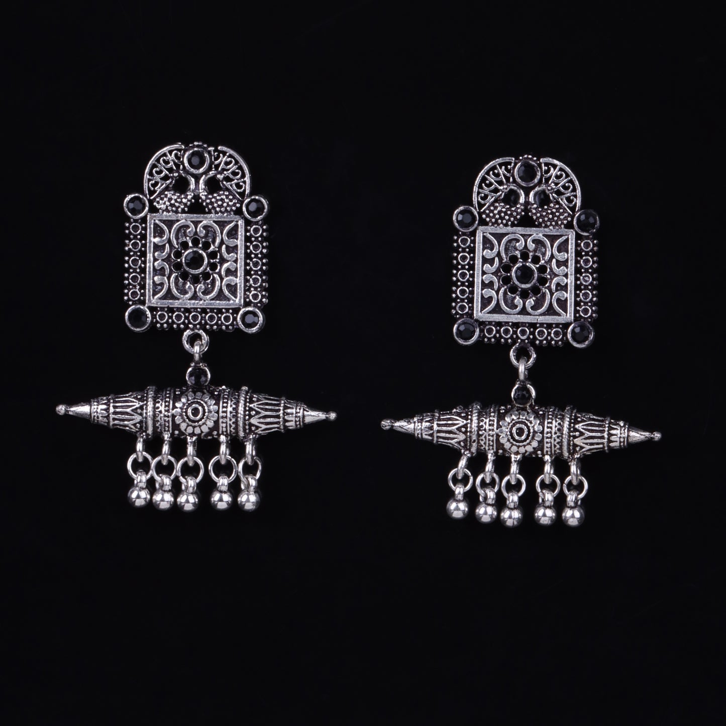 Black Stone Studded Oxidised Statement Earrings With Hanging Ghunghuroo