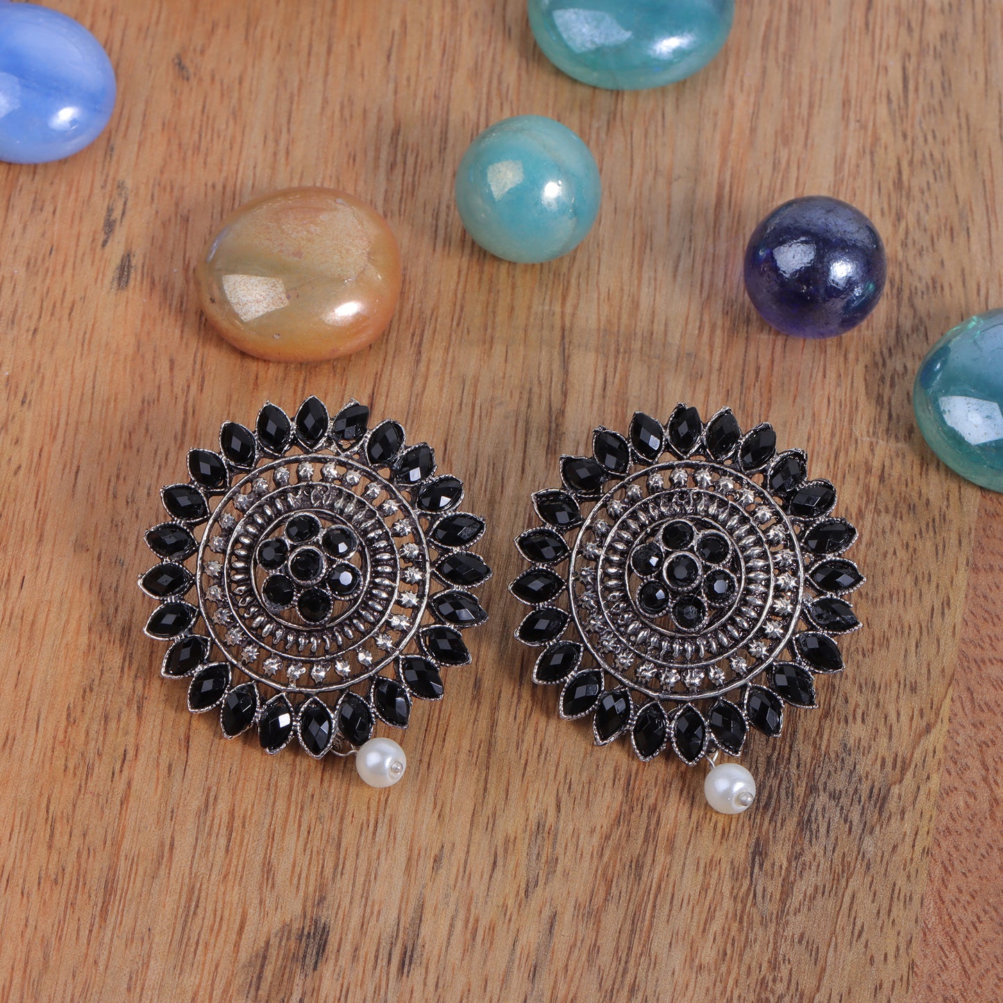Black Stone Studded Intricate Oxidised Stud Earrings