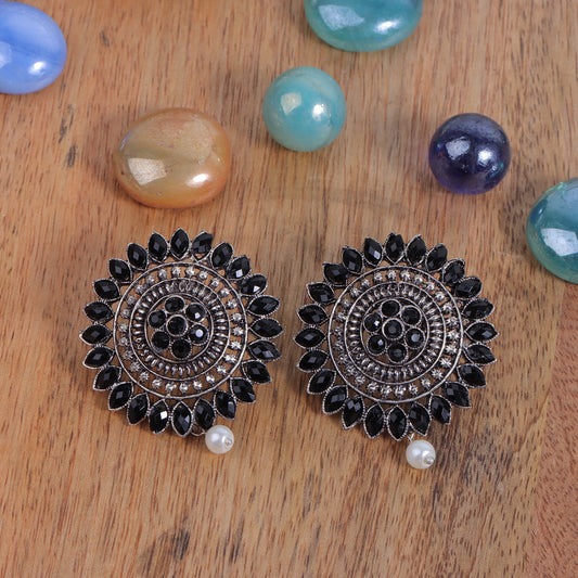 Black Stone Studded Intricate Oxidised Stud Earrings