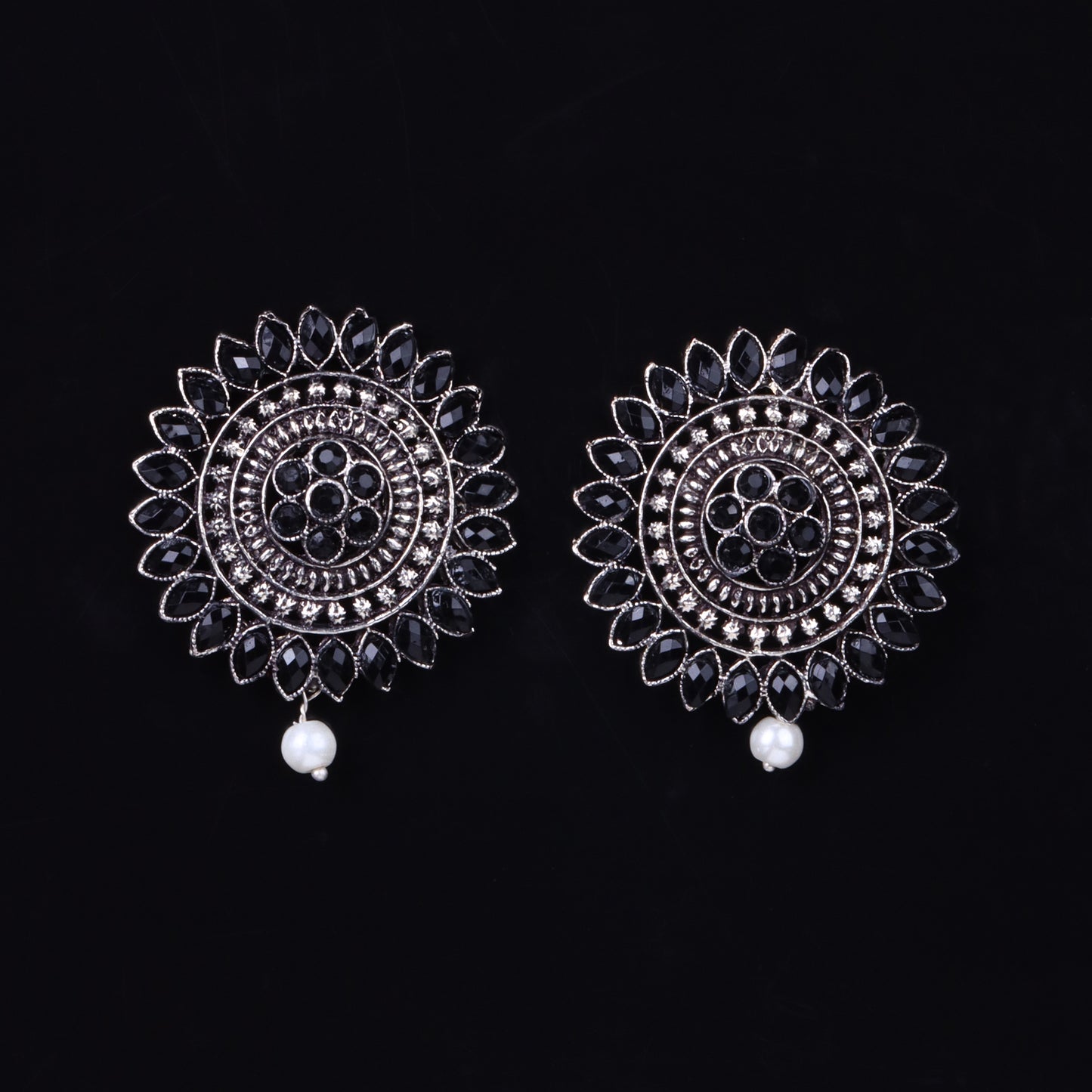 Black Stone Studded Intricate Oxidised Stud Earrings