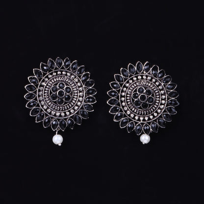 Black Stone Studded Intricate Oxidised Stud Earrings