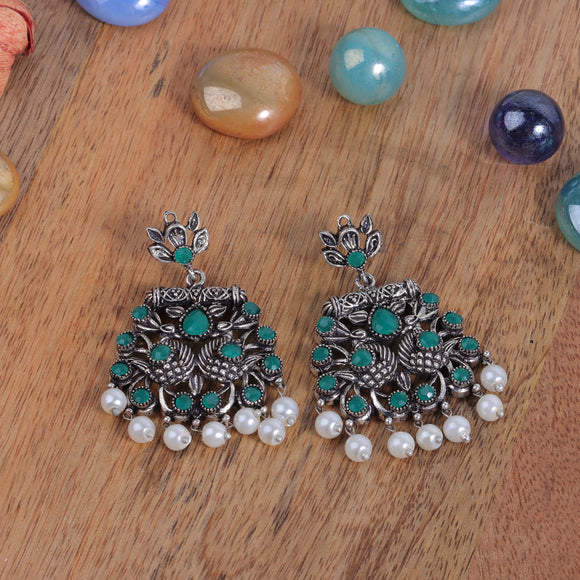 Green Stone Studded Danglers With Hanging Pearls