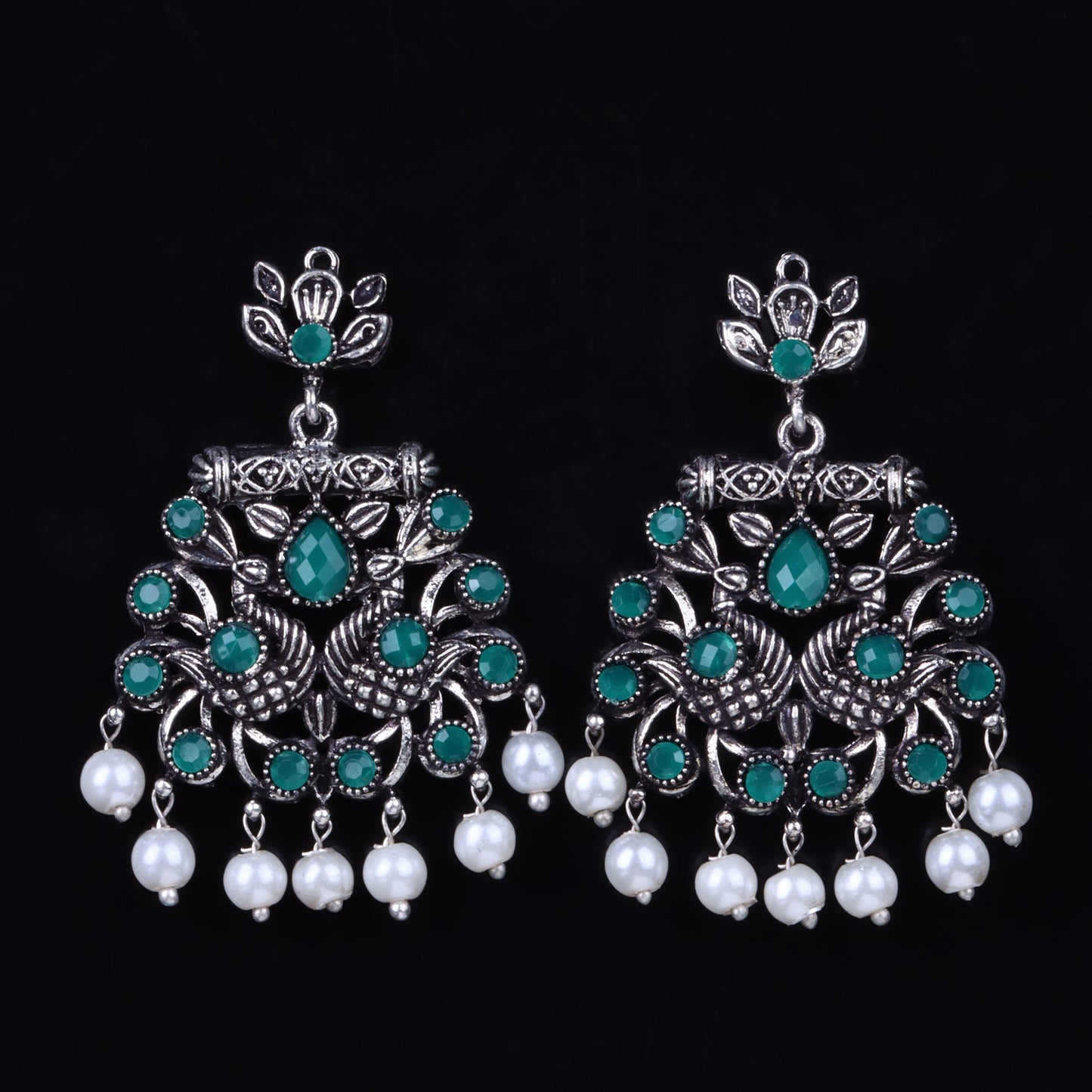 Green Stone Studded Danglers With Hanging Pearls