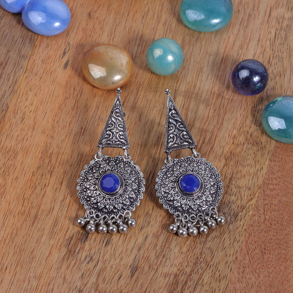 Blue Stone Studded Oxidised Earrings