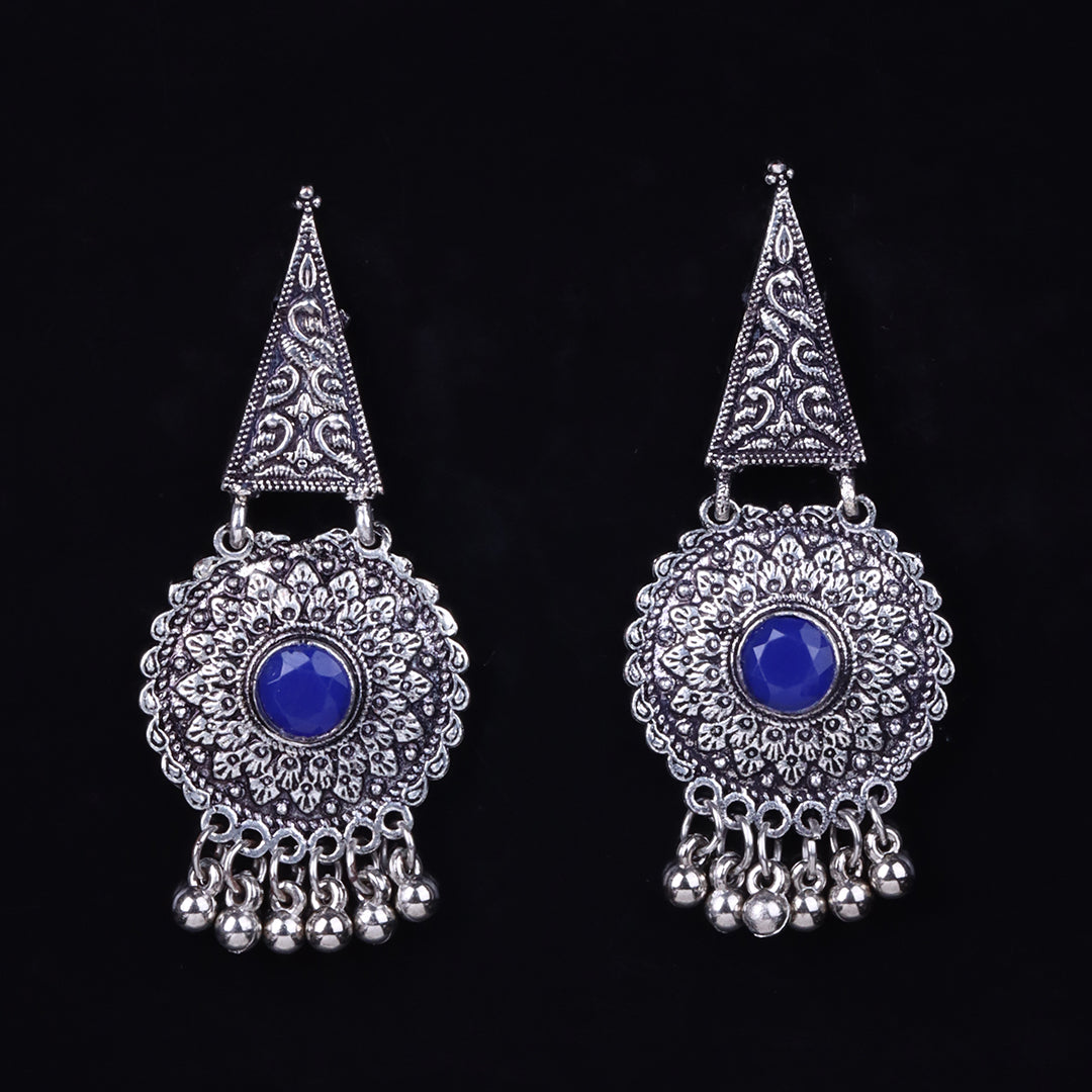 Blue Stone Studded Oxidised Earrings