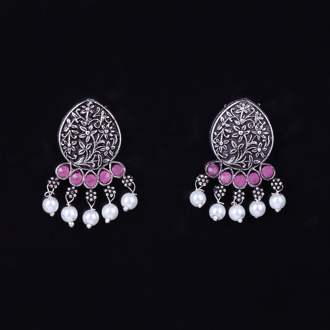 Baby Pink Stone Studded Elegant Oxidised Stud Earrings