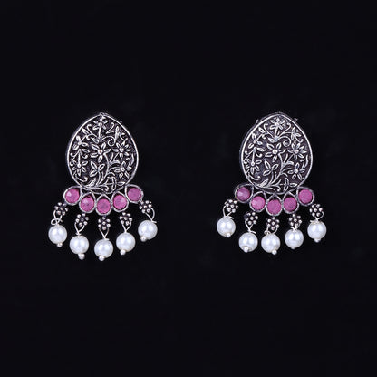 Baby Pink Stone Studded Elegant Oxidised Stud Earrings