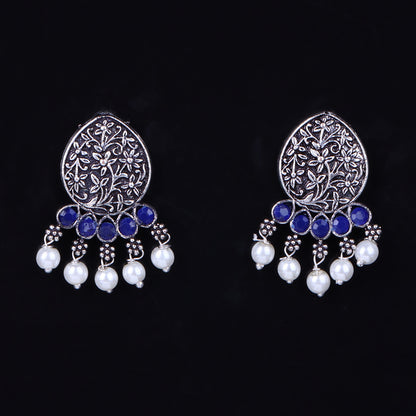 Blue Stone Studded Elegant Oxidised Stud Earrings