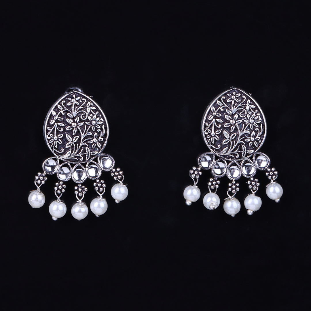 White Stone Studded Elegant Oxidised Stud Earrings